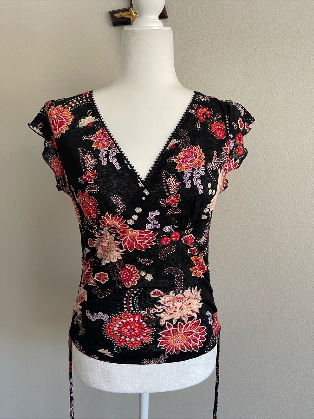 Self Esteem Black Floral Wrap-Style V-Neck Top